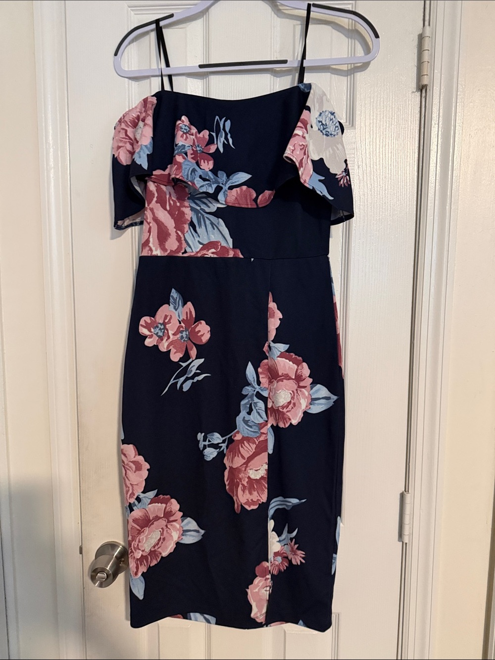 Navy One-Shoulder Floral Midi Dress with Ruffle